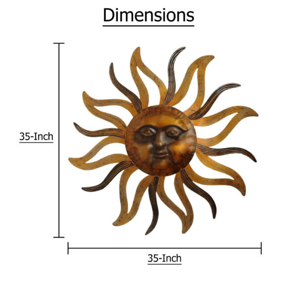 35 Inch Round Wall Mounted Sun Face Accent Decor, Carved Rustic Gold and Black Metal
