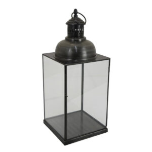Laila Lantern, Black Metal, Glass Panels, Square Base, 20 Inch Tall
