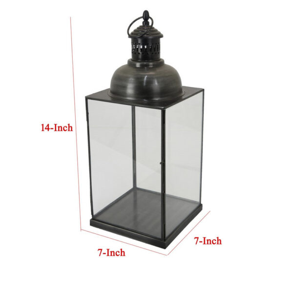Laila Lantern, Black Metal, Glass Panels, Square Base, 18 Inch Tall