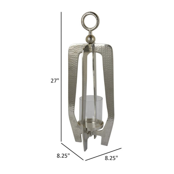 Brie Candle Holder Lantern, 27 Inch, Silver Metal Frame, Glass Shade