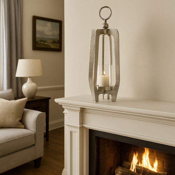 Brie Candle Holder Lantern, 23 Inch, Silver Metal Frame, Glass Shade