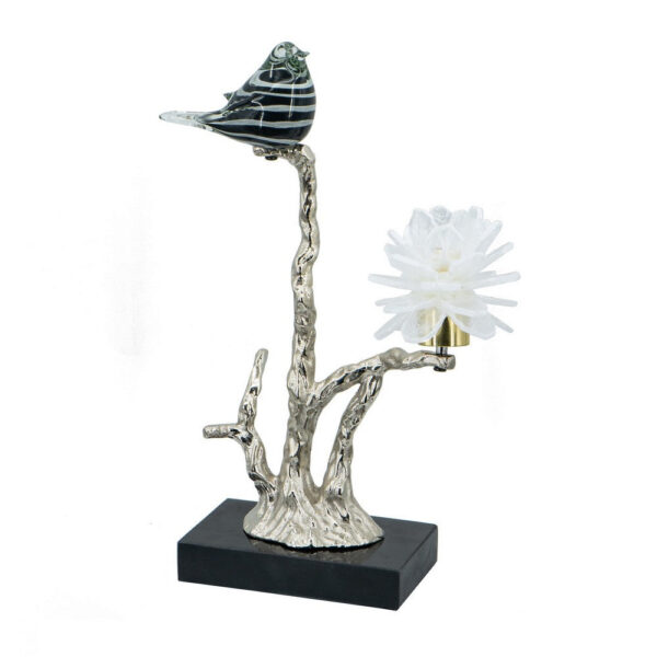 Sue 15 Inch Accent Decor Figurine, Bird on a Branch, Flower, Black, Silver