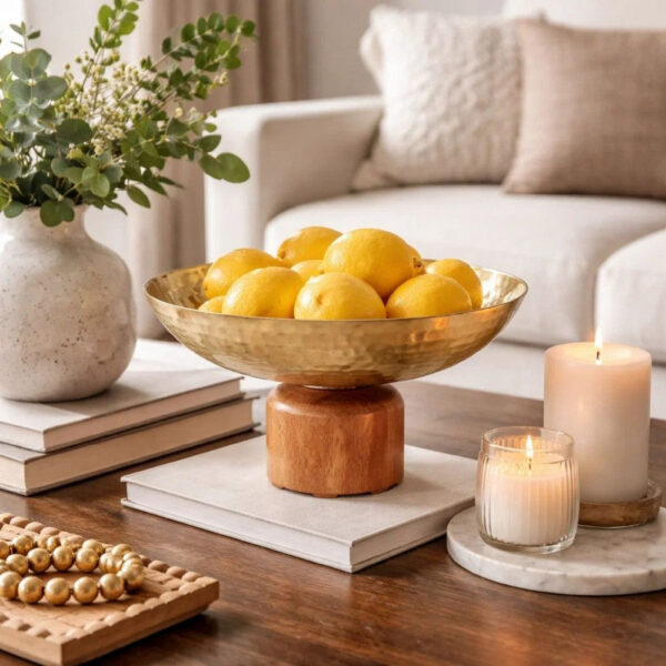 Roe 8 Inch Small Acacia Wood Table Bowl, Steel, Decorative, Gold and Brown