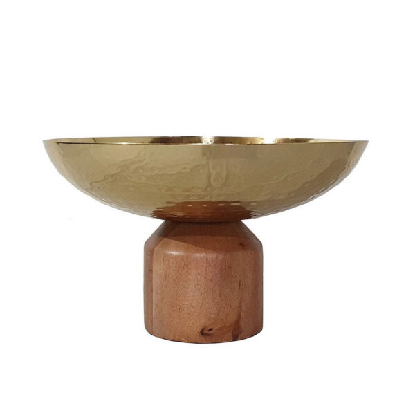 Roe 12 Inch Large Acacia Wood Table Bowl, Steel, Decorative, Gold and Brown