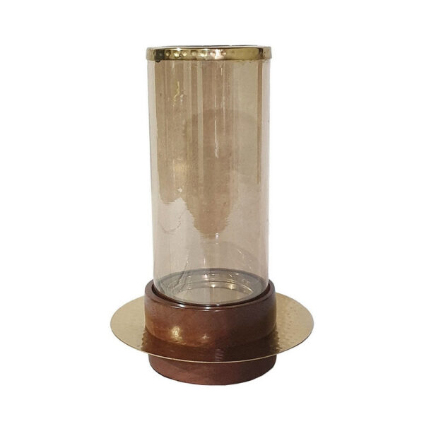 11 Inch Glass Hurricane Candle Holder, Acacia Wood, Small, Gold FInish