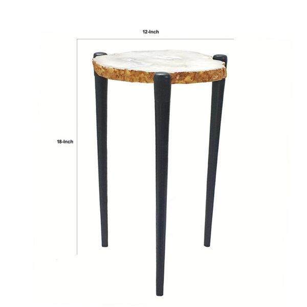 18 Inch Side Table, Agate Stone Top, Aluminum Tri Legs, Modern, White