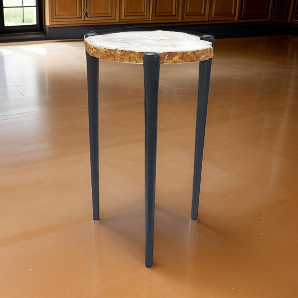 18 Inch Side Table, Agate Stone Top, Aluminum Tri Legs, Modern, White