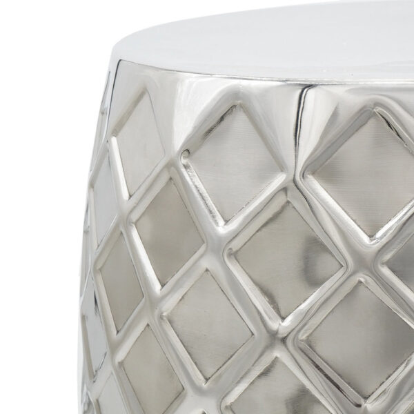 20 Inch Stool Table, Modern, Aluminum Metal, Drum Shape, Elegant Silver