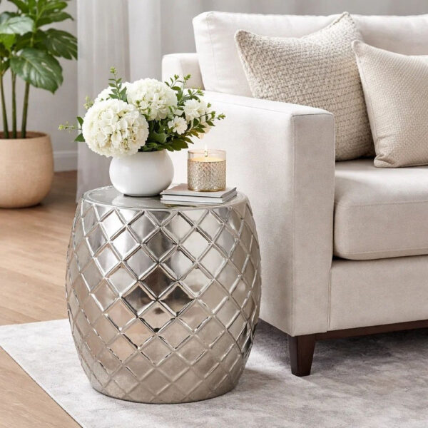 20 Inch Stool Table, Modern, Aluminum Metal, Drum Shape, Elegant Silver