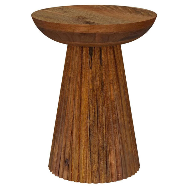 Ureo Round Accent Side Table, Cone Pedestal Base, Brown Mango Wood
