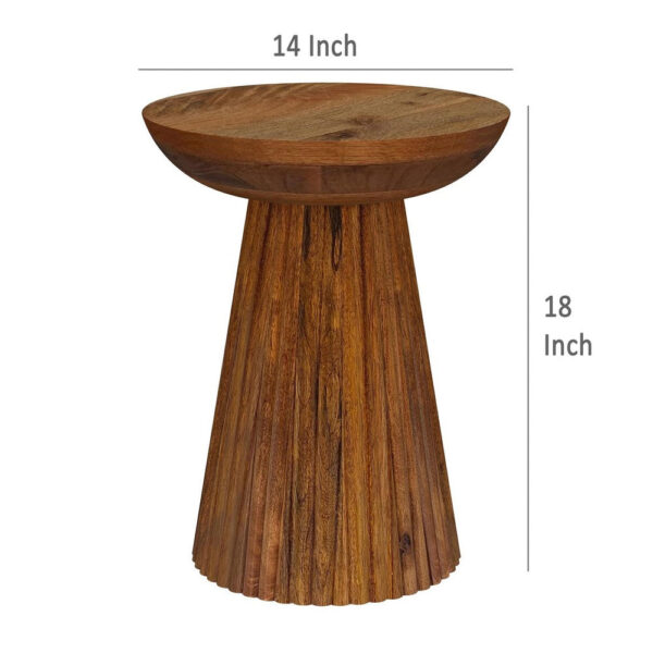 Ureo Round Accent Side Table, Cone Pedestal Base, Brown Mango Wood