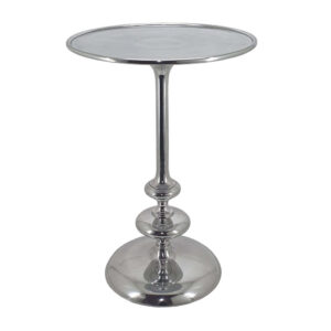 23 Inch Modern Aluminum Side Table, Round Tabletop and Base, Carved, Silver