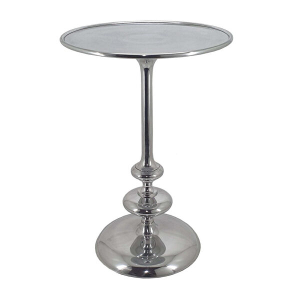 23 Inch Modern Aluminum Side Table, Round Tabletop and Base, Carved, Silver