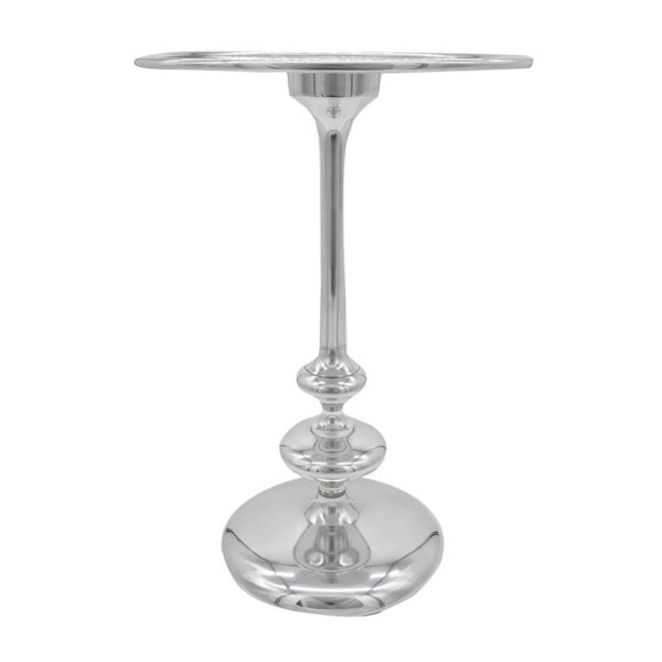 23 Inch Modern Aluminum Side Table, Round Tabletop and Base, Carved, Silver
