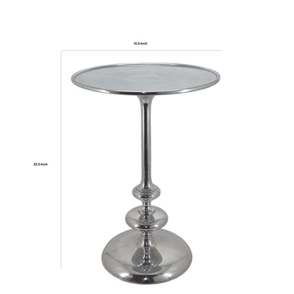 23 Inch Modern Aluminum Side Table, Round Tabletop and Base, Carved, Silver