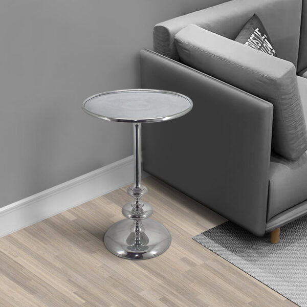 23 Inch Modern Aluminum Side Table, Round Tabletop and Base, Carved, Silver