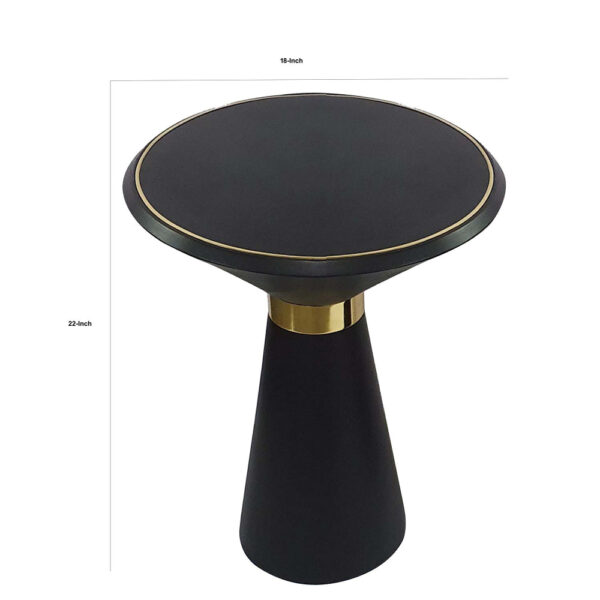 22 Inch Round Mango Wood Side Table, Smooth Brass Accents, Black Finish