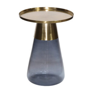 Palio Plant Stand Table, Round Gold Metal Top, Blue Glass Tapered Base