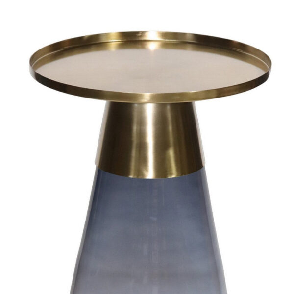 Palio Plant Stand Table, Round Gold Metal Top, Blue Glass Tapered Base