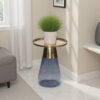 Palio Plant Stand Table, Round Gold Metal Top, Blue Glass Tapered Base