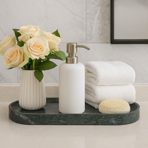 Decorative Oval Tray, Green Marble, Unique Veining Pattern, 14 Inch