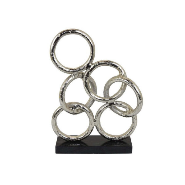 Abstract Interlinked Ring Sculpture w Black Base, 15 Inch Silver Metal