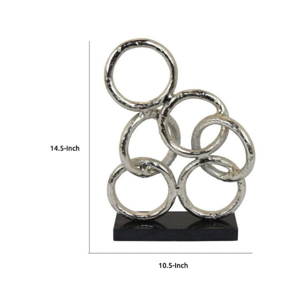 Abstract Interlinked Ring Sculpture w Black Base, 15 Inch Silver Metal