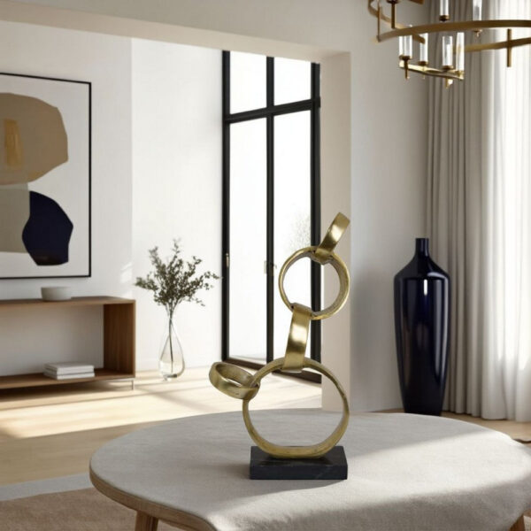 Lo Abstract Interlinked Ring Sculpture, Solid Black Base, Gold Metal