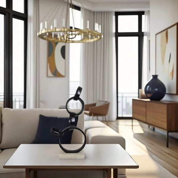 Lo Abstract Interlinked Ring Sculpture, Solid White Base, Black Metal