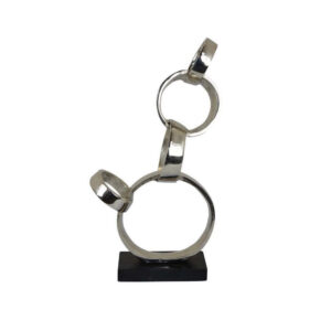 Lo Abstract Interlinked Ring Sculpture, Solid Black Base, Silver Metal