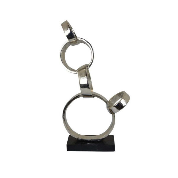 Lo Abstract Interlinked Ring Sculpture, Solid Black Base, Silver Metal