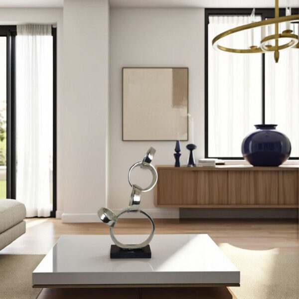 Lo Abstract Interlinked Ring Sculpture, Solid Black Base, Silver Metal