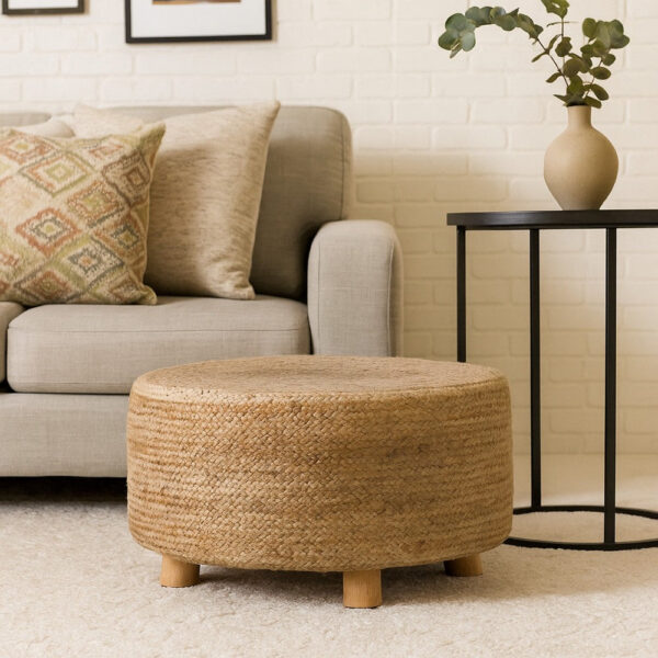Accent Stool, 25 Inch, Round Natural Brown Jute Seat, Wood Legs