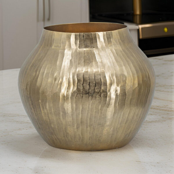 Kria 13 Inch Modern Vase, Curved Shape, Hammered Texture, Gold Metal Finish