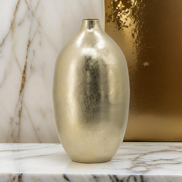 Pansy 19 Inch Modern Vase, Metal, Tall Curved Bottleneck Shape, Gold Finish