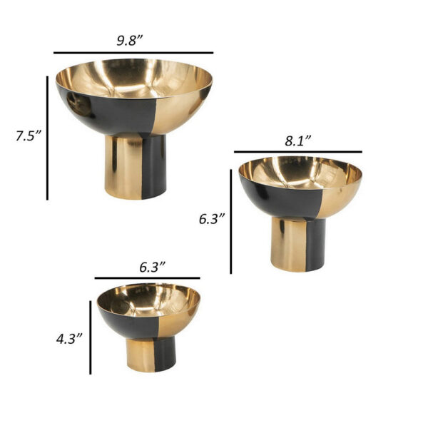 Set of 3 Round Bowls, Black and Gold Aluminum Finish, Sturdy Metal Stand