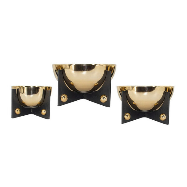 Set of 3 Aluminum Round Decorative Bowls, Gold Finish, Jet Black Stand