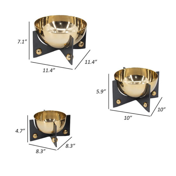 Set of 3 Aluminum Round Decorative Bowls, Gold Finish, Jet Black Stand