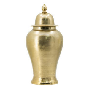 21 Inch Lidded Vase Urn, Finial Accent, Brilliant Gold Aluminum Finish