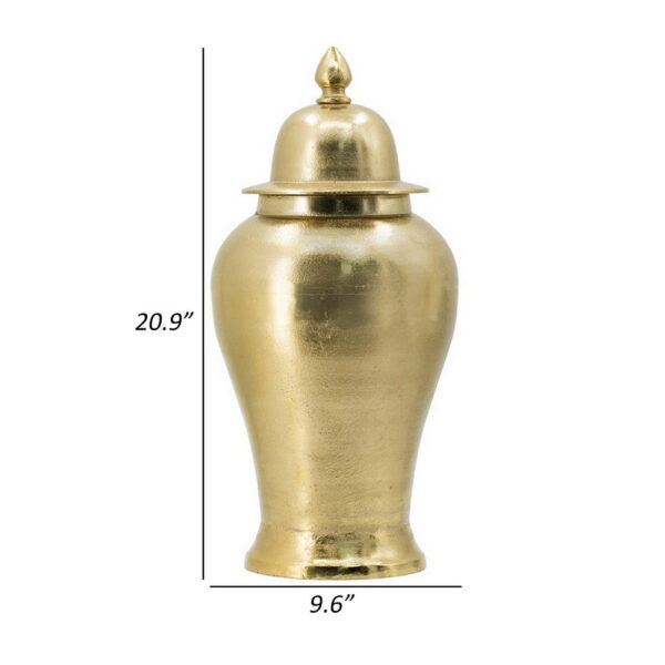 21 Inch Lidded Vase Urn, Finial Accent, Brilliant Gold Aluminum Finish