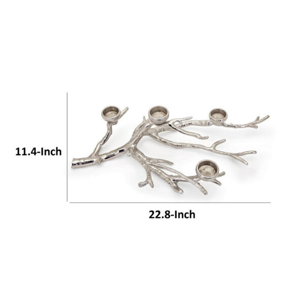 23 Inch Metal Tea Light Holder, Tree Branch Design, 4 Candle Slots, Silver