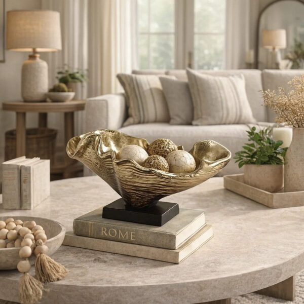 15 Inch Curved Shell Decorative Bowl, Aluminum, Square Base, Gold and Black