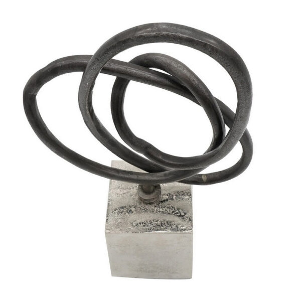 9 Inch Table Sculpture, Abstract Loop Design, Block Base, Black, Silver