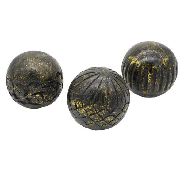 Set of 3 Decorative Tabletop Round Balls, Carved Mango Wood, Black, Yellow