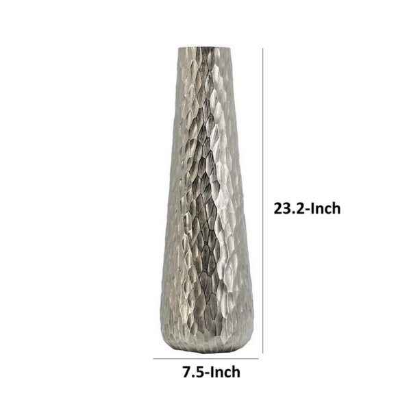 23 Inch Tall Oblong Vase, Diamond Textured, Tapered, Aluminum, Silver