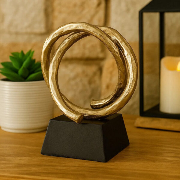 10 Inch Modern Table Sculpture, Bright Gold Aluminum, Intertwined Ring Loop