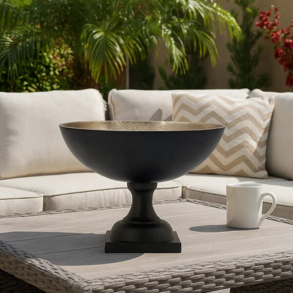 10 Inch Vintage Style Accent Bowl, Gold, Antique Black, Pedestal Stand