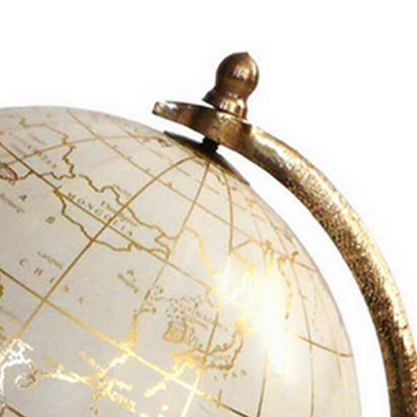 15 Inch Modern Accent Globe, Smooth Turning, White With Gold Aluminum Stand