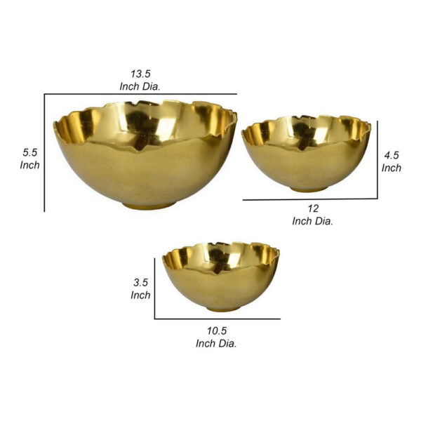 Bonz Set of 3 Bowls, Unique Top Shape, Round Base, Gold Metal Finish