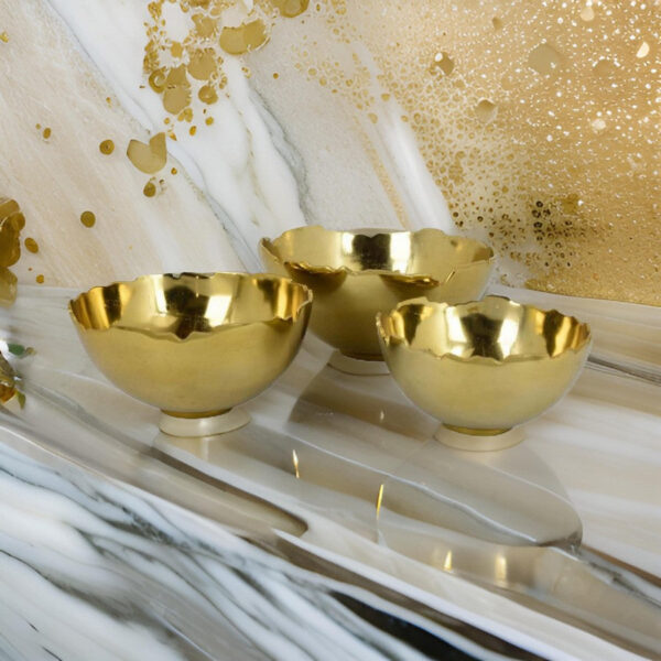 Bonz Set of 3 Bowls, Unique Top Shape, Round Base, Gold Metal Finish